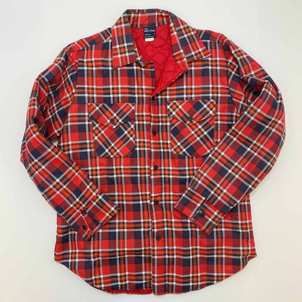 Vintage JC Penney Red Plaid Flannel Mens Large Quilted Lining Shirt Jacket